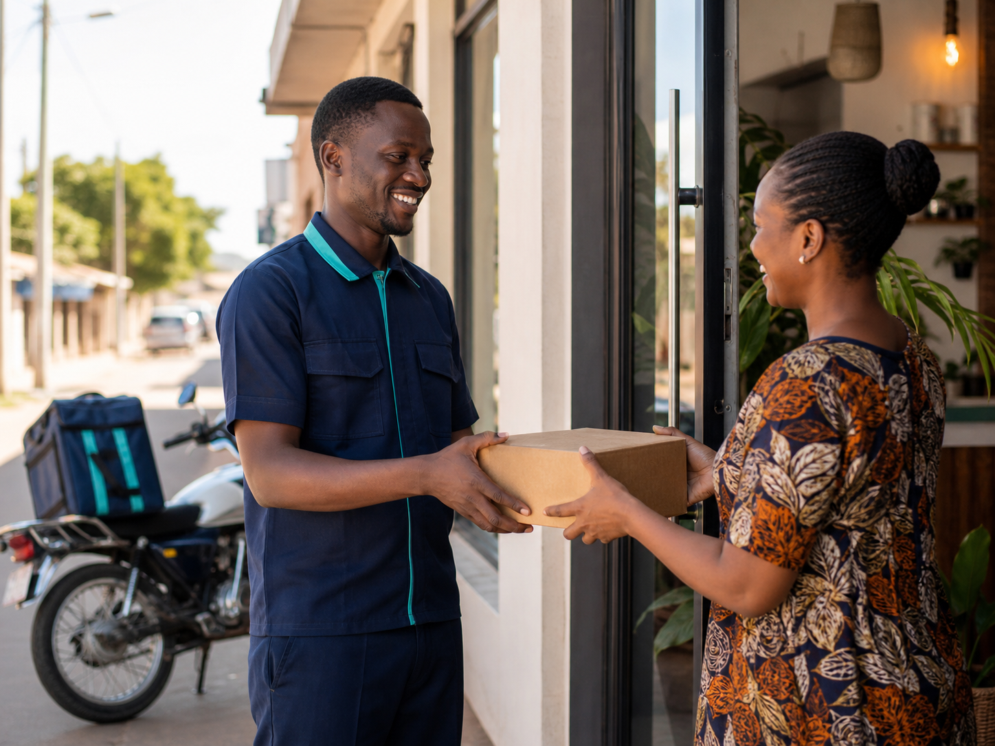 Professional TanzMovers courier delivering a parcel to a local business
